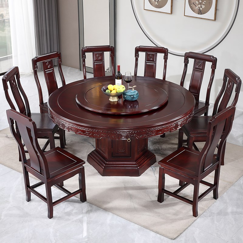 速发新桌式乌金木全店木餐桌椅家用大圆桌餐桌带转盘酒实饭店吃饭