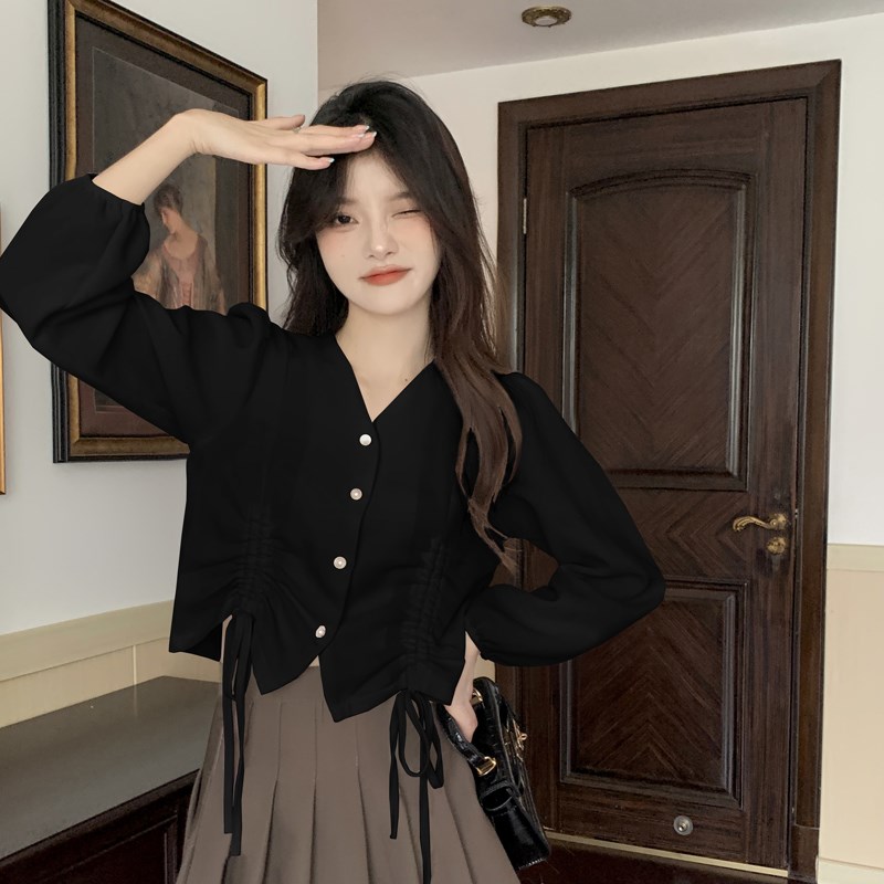 速发上码绳抽v领长袖秋冬法式设计感宽松遮肚短款大衣