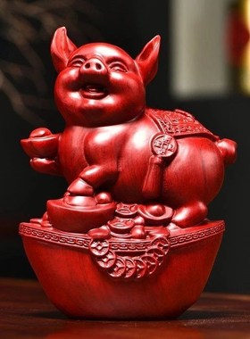 速发红花梨木居猪摆件十二生肖三合动物家工客厅创意摆设红木雕艺