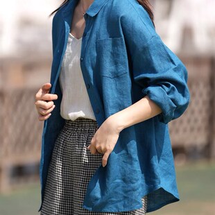 速发文艺纯色亚约棉麻衣袖 上衣 秋外搭通勤休闲简麻衬长开衫
