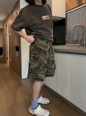 速发美式vitage复古工装迷彩短潮男大口袋裤流男分裤五街头情侣中