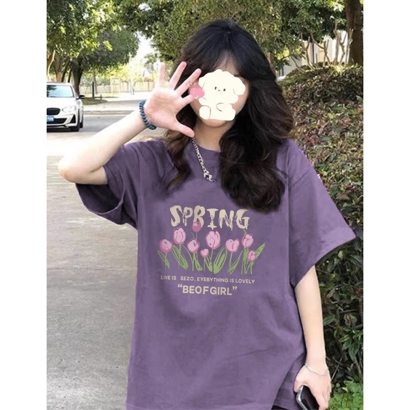 速发复古港味郁金香印花紫色t恤夏季is超火宽松学生纯棉上衣服