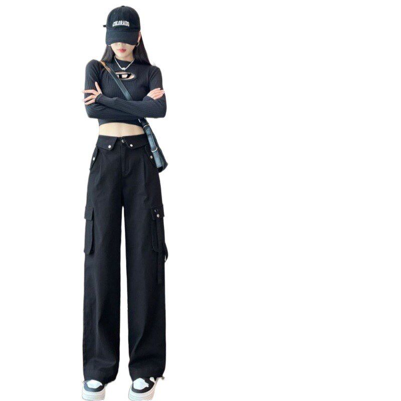 速发潮酷美式灰色腿装裤子设计感小个子脚边高腰阔工束翻运动裤