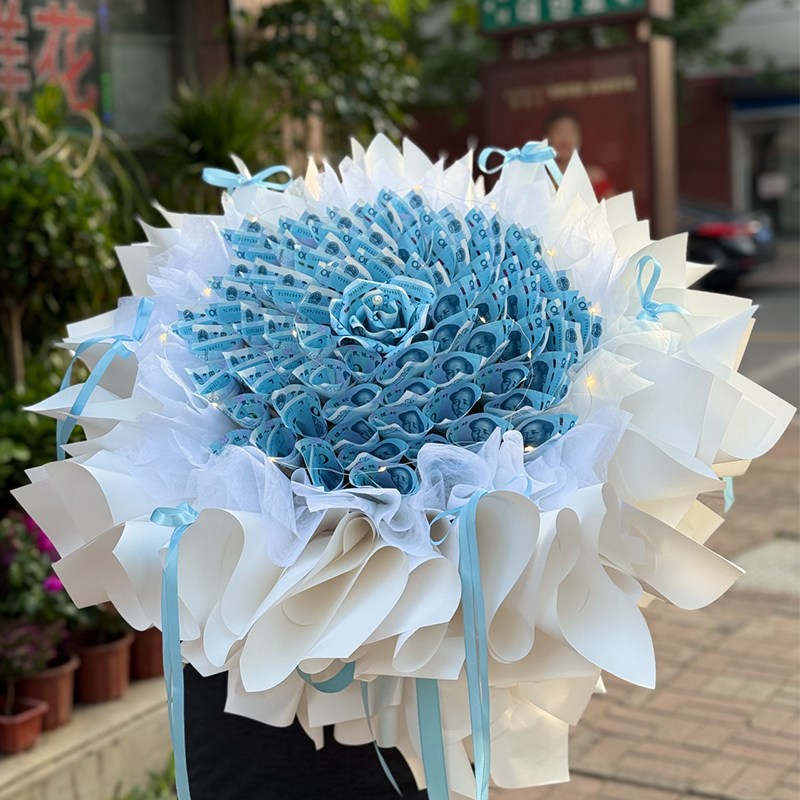 速发免包半成品花束包装花壳紫色五元金钱花束手工生日礼物芭蕾风