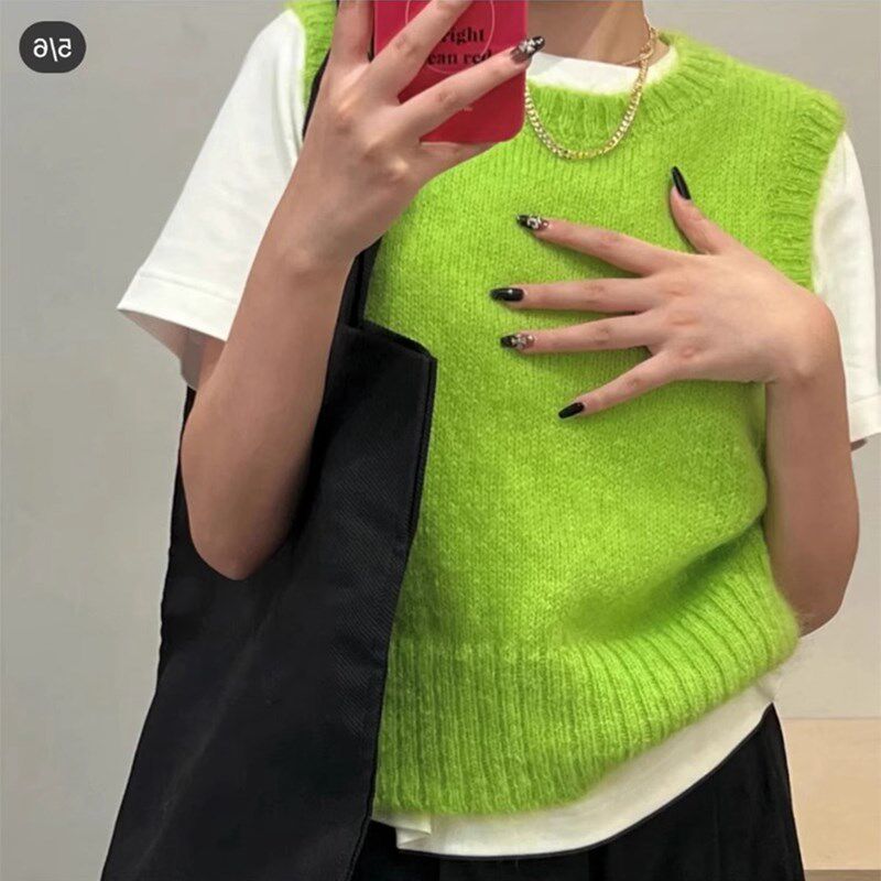 速发多巴胺亮甲色马海毛韩织马绿早秋针系叠穿毛衣背心坎肩无袖上