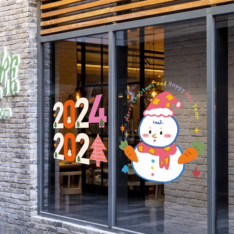 耶诞雪人可爱装饰节日氛围玻璃静电贴元旦节商场店铺橱窗贴纸