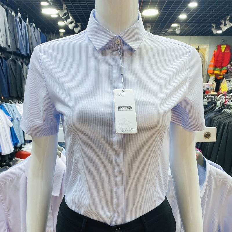 速发士蓝作银纹夏季竹纤维免烫条行上班面试职业装工色服衣