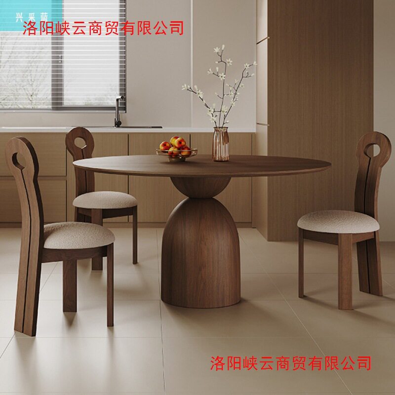 中古风圆形餐桌带转盘橡胶木胡桃色圆桌家用小户型设计师实木餐桌
