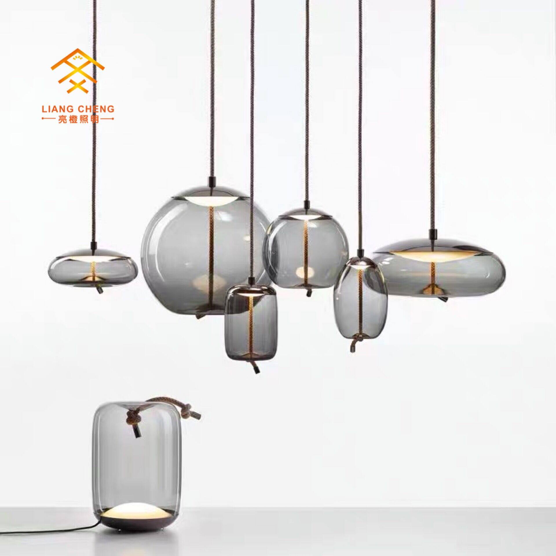 新款简约吊灯咖啡厅个性吧台麻绳loft餐厅吊灯蓝色吊灯创意玻璃灯