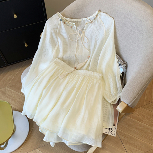 高腰显瘦半身裙套装 饰V领绑带流苏衬衫 女 波西米亚韩系贝壳装 夏季