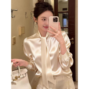 法式气质白色蝴蝶结雪纺衬衫女2026春季新款立体花朵系带洋气上衣