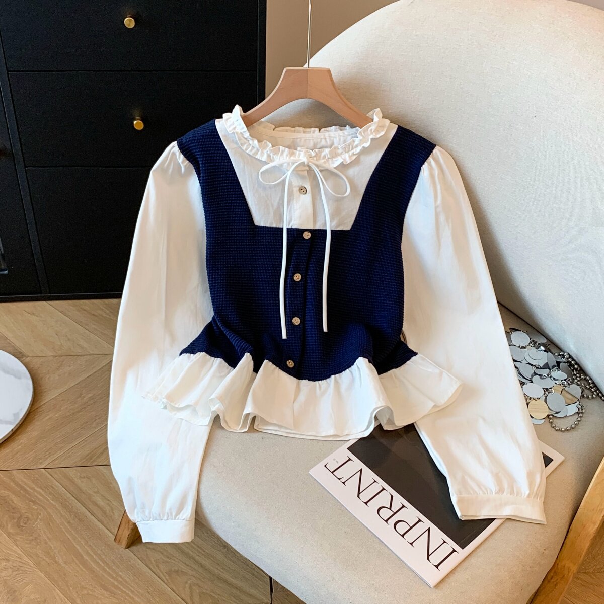 实拍高级感假两件长袖衬衫女2025秋季新款设计感小众宽松显瘦上衣