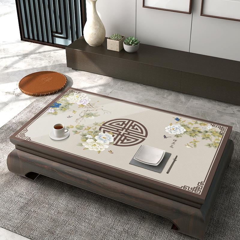 新中式花鸟款皮革茶几桌布防水防油家用防烫免洗餐桌茶几桌布垫布