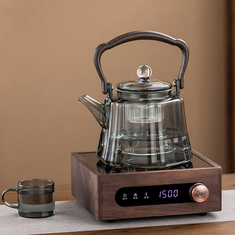 加厚耐高温玻璃蒸煮一体煮茶壶A煮茶器新款烧水泡茶套装实木黑晶