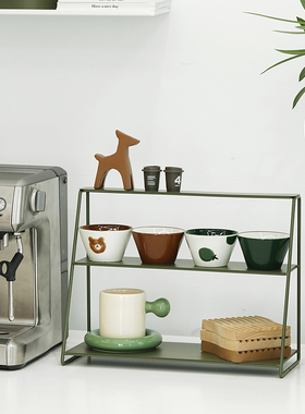 三层阶梯置物架 ins风桌面收纳架 G铁艺杯子展示架 墨绿色整理架