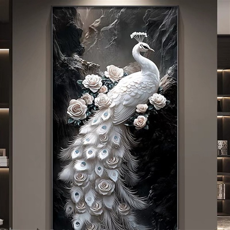 高级感浮雕立体j肌理画孔雀挂画入户进门玄关装饰画走廊过道墙壁图片