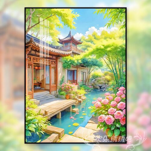 楼阁庭院印花十字绣新款自己绣小z件diy自制砖石5d满钻全贴材料包
