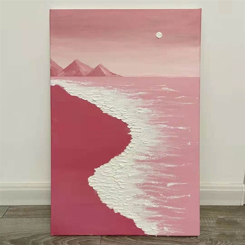 丙烯立体肌理画数字油画石英砂手工郁G金香手绘装饰画粉色沙滩海图片