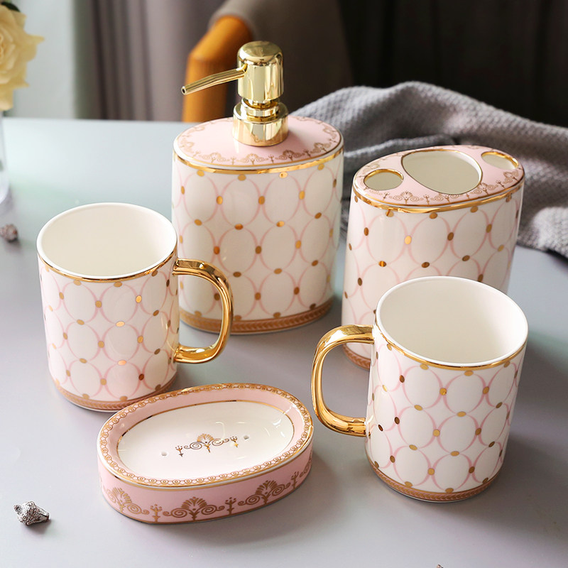 欧式陶瓷卫浴五件套洗漱套装浴A室家用卫生间洗浴带托盘漱口杯套