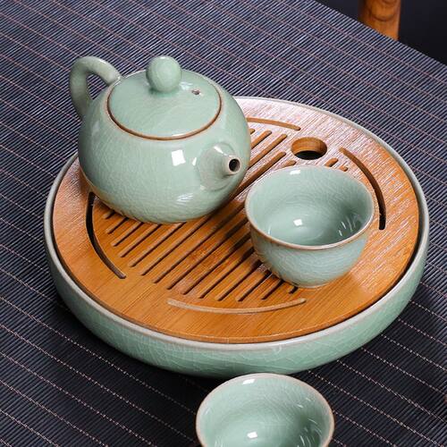陶瓷圆形茶盘家用客厅竹面储蓄水干泡台功M夫茶具青瓷简约茶台日