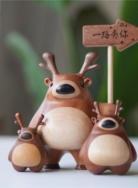 一路有你小鹿摆件创意装饰品家居客厅桌面实木木V质可爱鹿鹿礼物