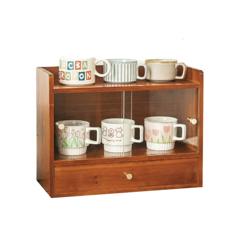 桌面化妆品收纳盒杯子茶具茶杯马克杯整理L实木餐边柜玻璃拉门防