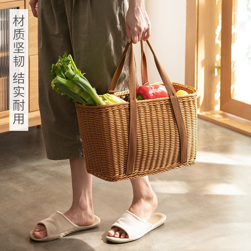 买菜手提篮春游户外野餐藤编塑料露营洗澡竹编Q菜篮编织篮采摘篮