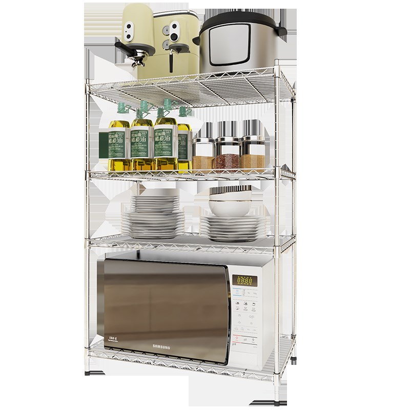 厨房4层不锈钢30n4小架子食品黑色层架微波炉垫钢架落地置物架