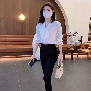 领结衬衫洋气高腰九分西装裤休闲时尚职业2024高端女装套装夏季款