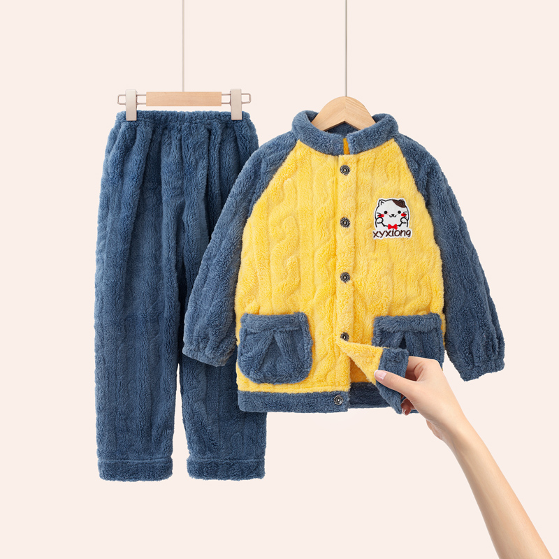 秋冬季立领法兰绒儿童睡衣女童男童珊瑚绒套装男孩女孩宝宝家居服