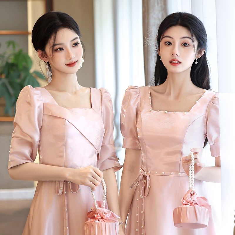 伴娘服女2024新款冬季姐妹团缎面礼服小个子高级感平时可穿伴娘裙