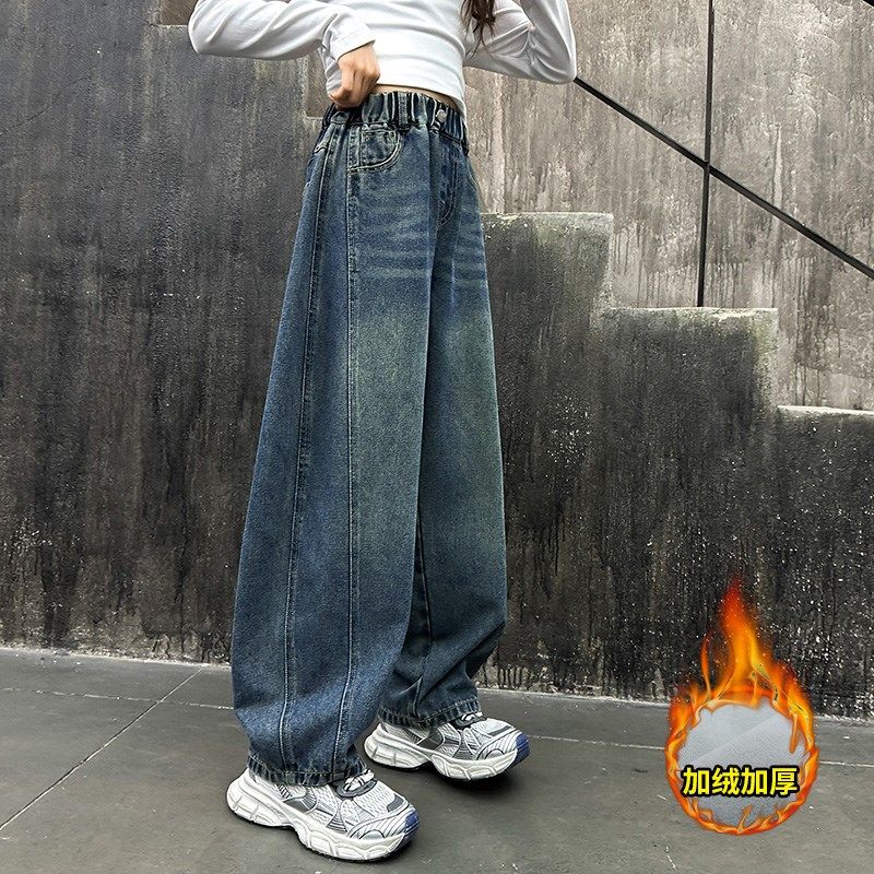 女童加绒牛仔裤秋冬2024新款大童一体绒阔腿裤儿童冬季加厚弯刀裤