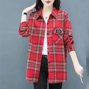 格子襯衣中年減齡襯衫 2023春季 上衣 經典 媽媽裝 新款 外套女寬松長袖