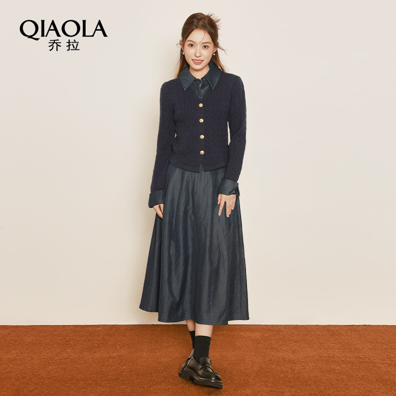 乔拉【柏林物语】2024秋冬款假两件设计感翻领蓝色上衣半身裙套装