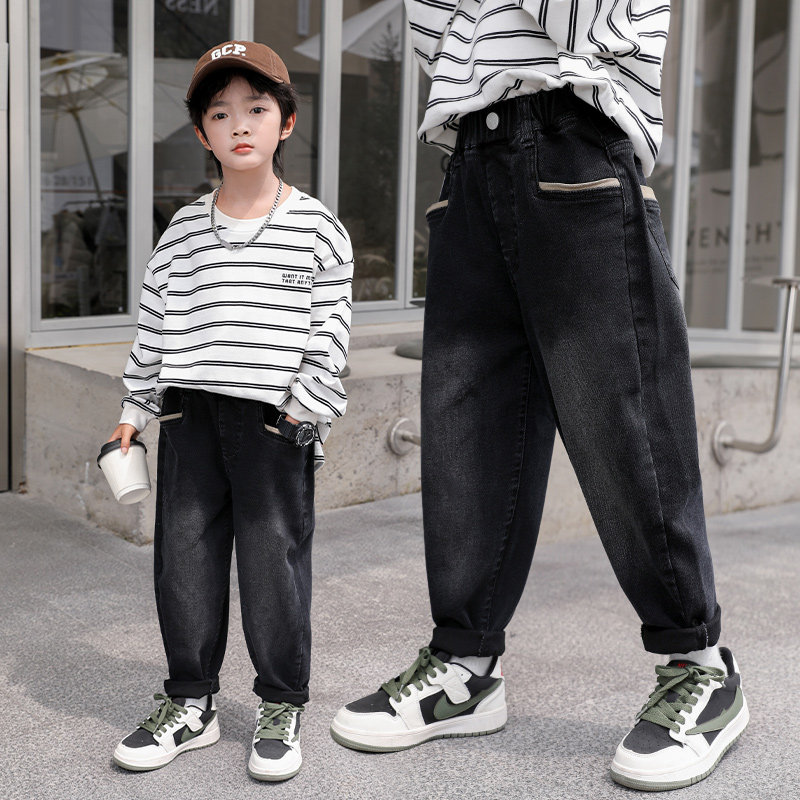 男童牛仔裤春秋新款季2023中大童装裤子子儿童长裤胖孩直筒黑色软