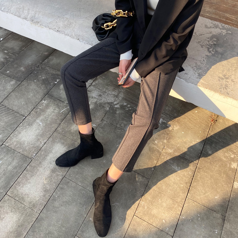毛呢西装裤子女秋冬加厚灰色休闲直筒裤女直筒显瘦九分哈伦烟管裤