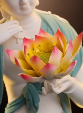 陶瓷水月自在观音佛像工艺品新中式禅意灯圈摆件客厅玄关家居装饰