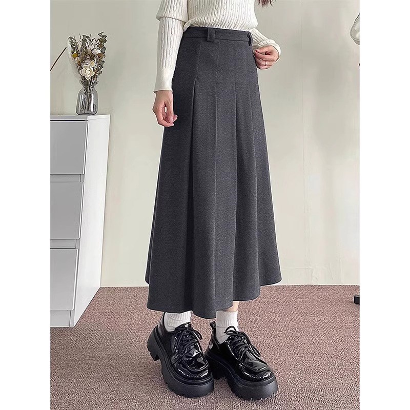 深灰色毛呢百褶半身裙女高腰春秋新款大码胖mm显瘦中长款a字裙子