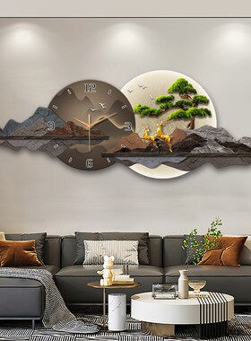 迎客松餐厅山水装饰画钟表挂墙挂钟LED灯画饭厅挂画客厅麋鹿时钟