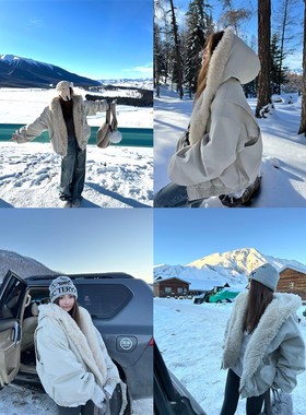 Xinlei Lin 绒绒暖意拼毛水洗工装连帽夹克棉服外套女秋冬