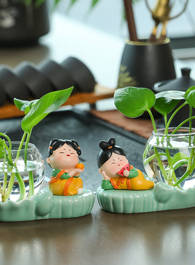 唐仕女客厅装饰桌面小摆件绿萝水培器皿花瓶插花创意水养植物花器