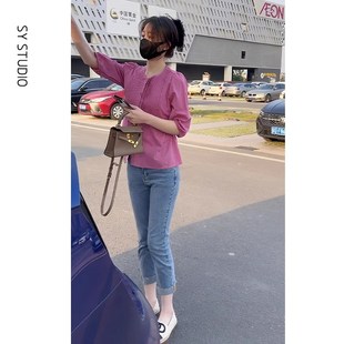 高腰牛仔九分裤 夏装 衬衫 显瘦七分袖 两件套 搭配一整套压褶设计修身