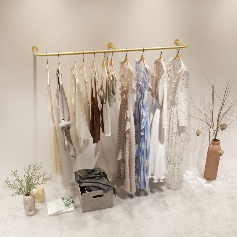 服装店展示架上墙壁挂式挂衣架女装店货架靠墙架壁挂衣服架子金色