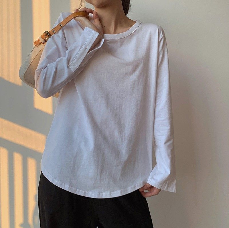 纯白色打底衫女秋季圆领新款设计纽扣开叉小衫上衣纯棉长袖t恤女,女装/女士精品,T恤,淘宝优惠券,粉丝福利购,淘宝优惠卷