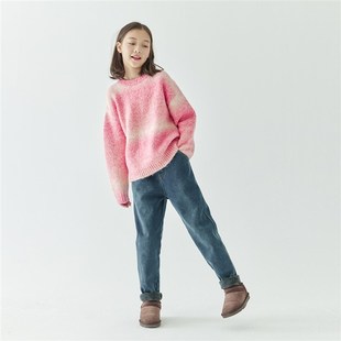 棵初2024年冬季新款儿童弹力加绒小脚牛仔裤女童水洗磨白复古长裤