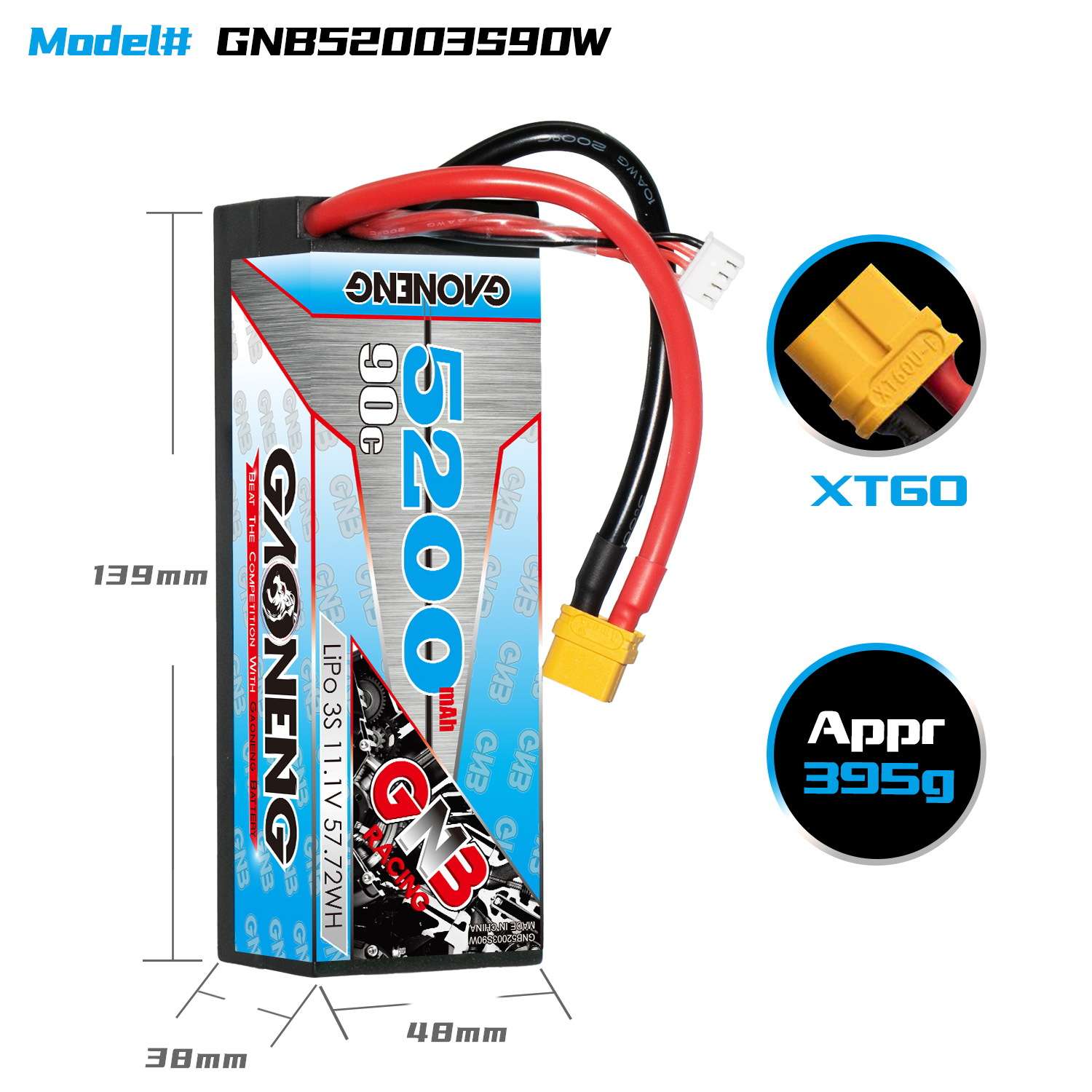 GNB高能5200mAh 3S 11.1V 90C适配1/10遥控RC车坦克玩具锂电池