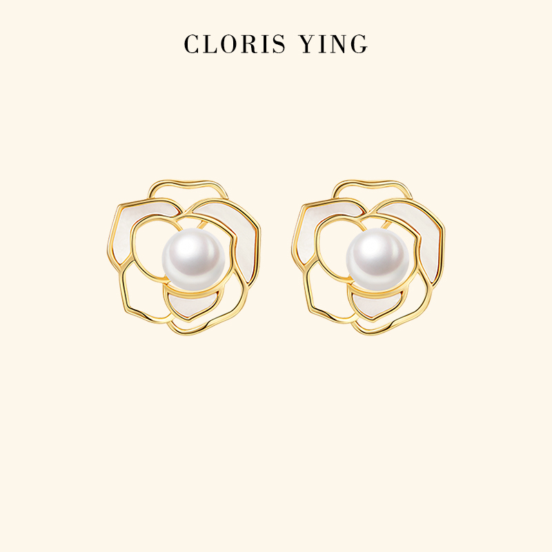CLORIS  YING克劳瑞斯法式山茶花耳钉淡水珍珠耳环2024新款耳饰