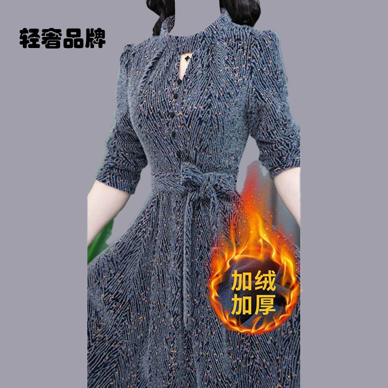朗姿约定加绒加厚连衣裙2025新款冬季收腰保暖中长外穿打底裙子