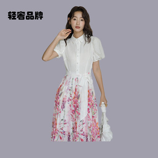 朗姿约定显瘦白色雪纺碎花日系显瘦名媛气质时尚连衣裙百褶裙