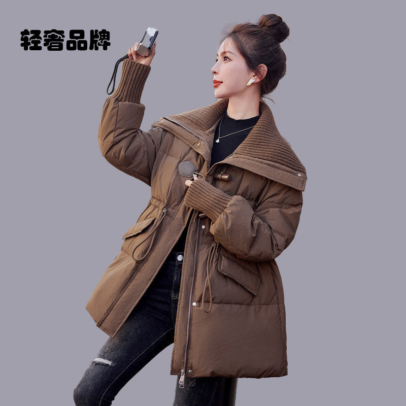 朗姿约定美拉德中长款羽绒服女2026冬季新款针织翻领收腰显瘦外套